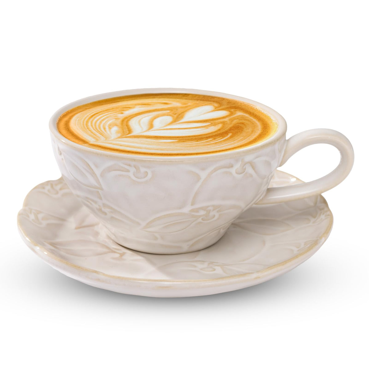 Latte Cup with Saucer, 12 OZ Cappuccino Cup Vintage Cafe Art Cups for Espresso Turkish Coffee, Farmhouse Latte Mugs Tea Cups and Saucers Porcelain Set Christmas Gift