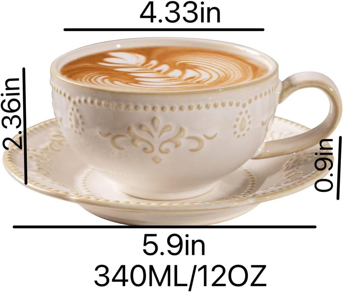 Beaded Floral Embossed 12 OZ Vintage Farmhouse Porcelain Latte Cup and Saucer, Cappuccino Mug for Espresso Turkish Coffee Tea, Microwave Dishwasher Safe Christmas Gift for Home Cafe