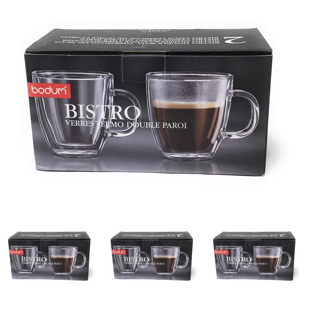 Bodum 10oz Bistro Double Wall Insulated Mug, High-Heat Borosilicate Glass, Set of 2, Clear