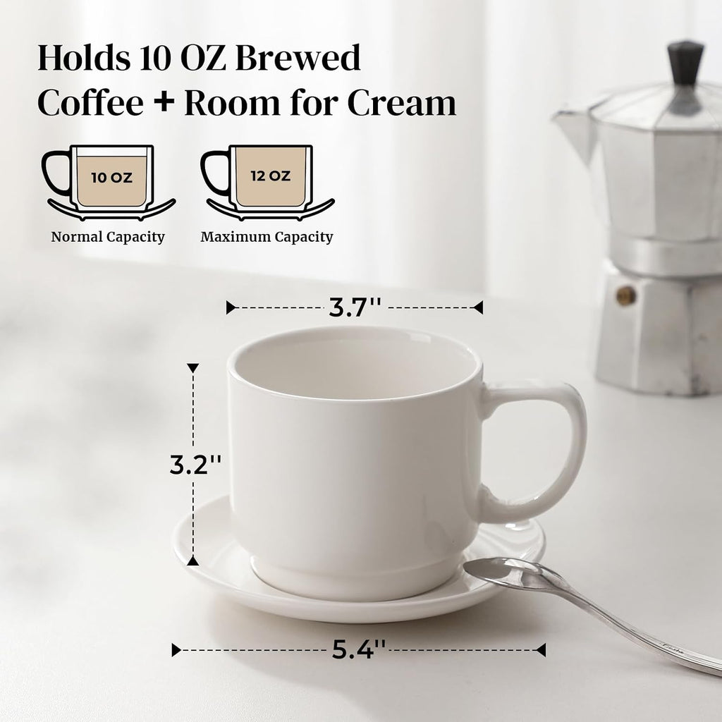 DOWAN 12oz Coffee Mugs, Cappuccino Cup and Saucer Set of 4, White Ceramic Coffee Cups for Latte/Tea/Milk, Tea Cups for Use in Office, Home and Cafes, Microwave Safe