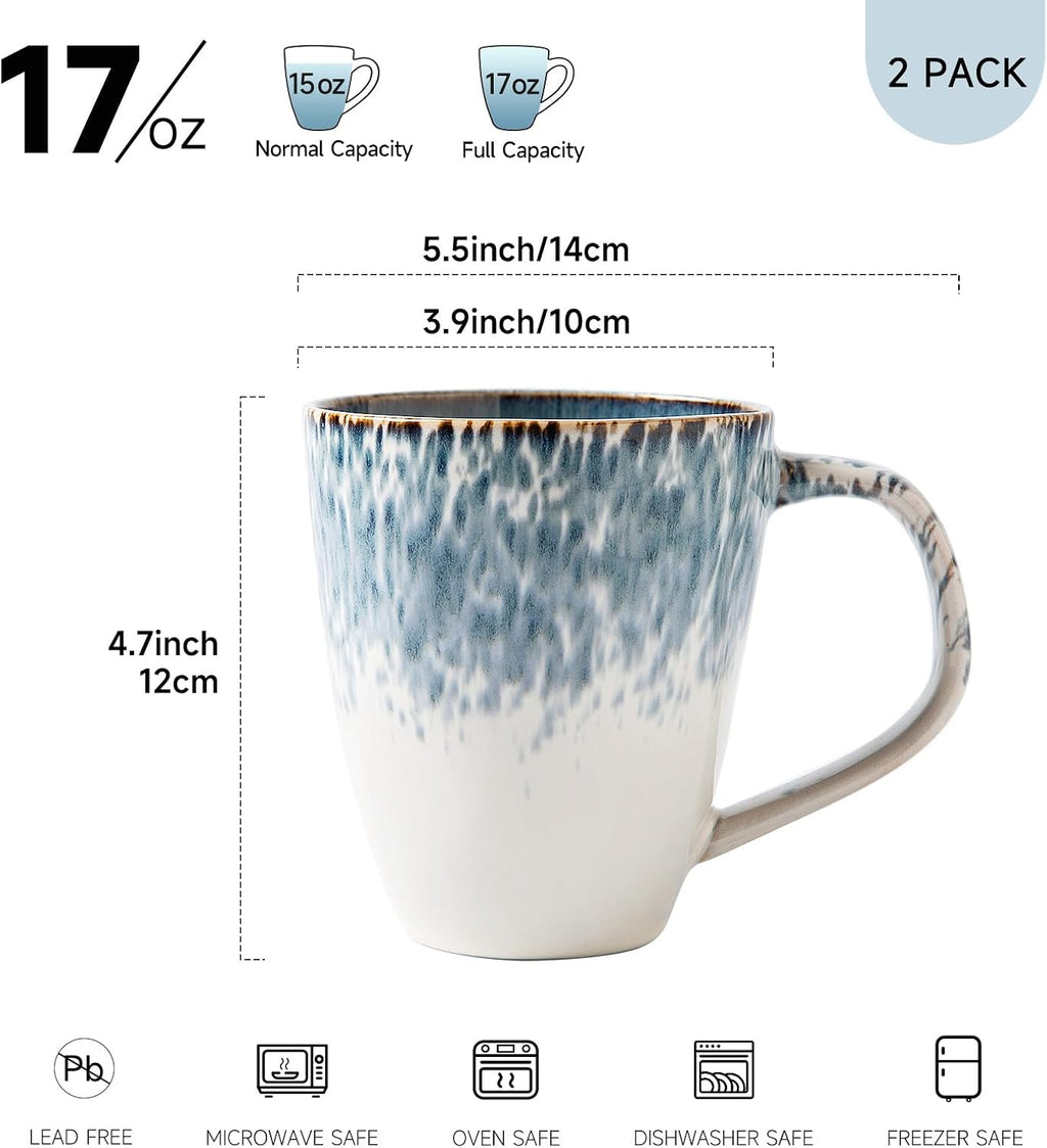 Stoneware Coffee Mugs Set of 2, 17oz Hand-Painted Coffee Cups with Handle