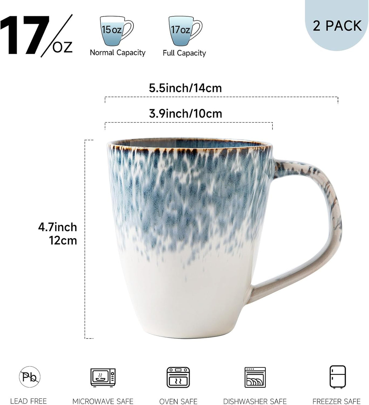 Stoneware Coffee Mugs Set of 2, 17oz Hand-Painted Coffee Cups with Handle