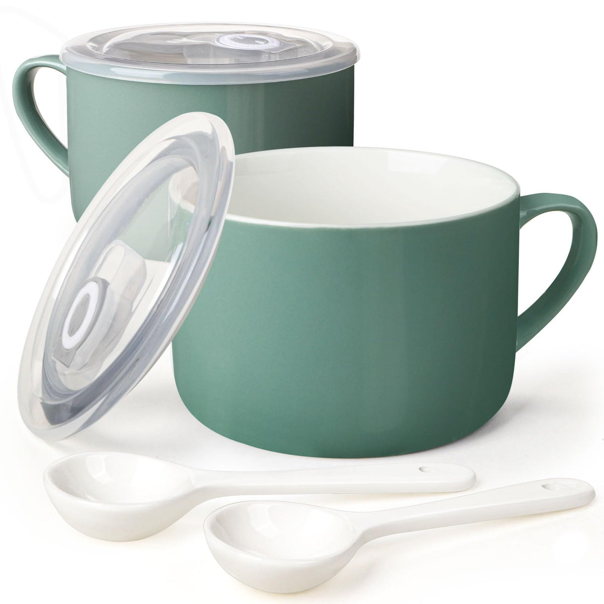 Soup Bowls with Handles & Spoons, 30oz Ceramic Ramen Bowl with Lid, Large Soup Mugs/Cups for Instant Noodle, Big Cereal Bowls for Oatmeal, Soup Containers with Lids, Set of 2, Sky Blue