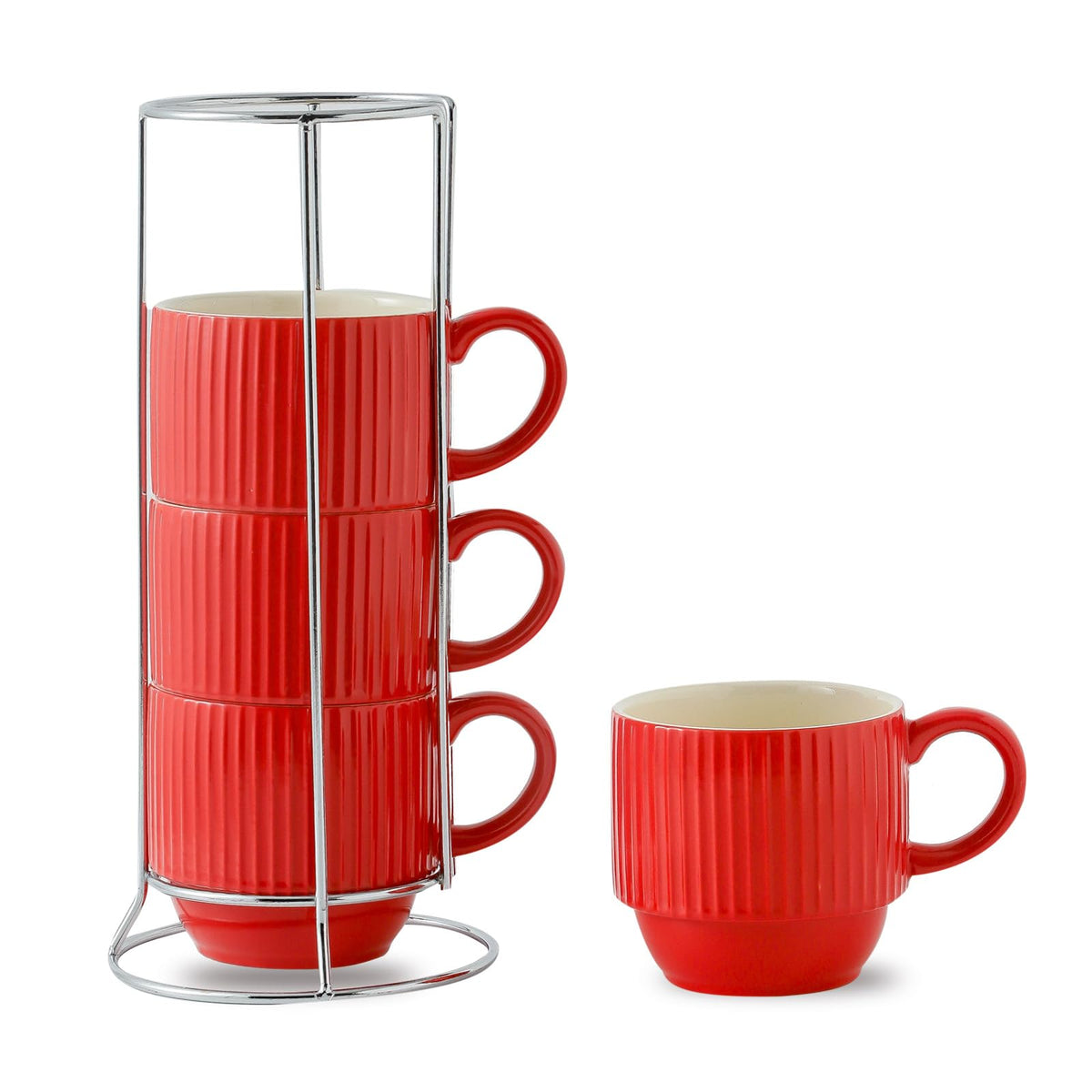 HASENSE Coffee Mug Ceramic Set of 4 with Stand, Stackable Large Latte Cups with Metal Stand, Dishwasher & Microwave Safe, Black for Cappuccino Tea Hot Cocoa