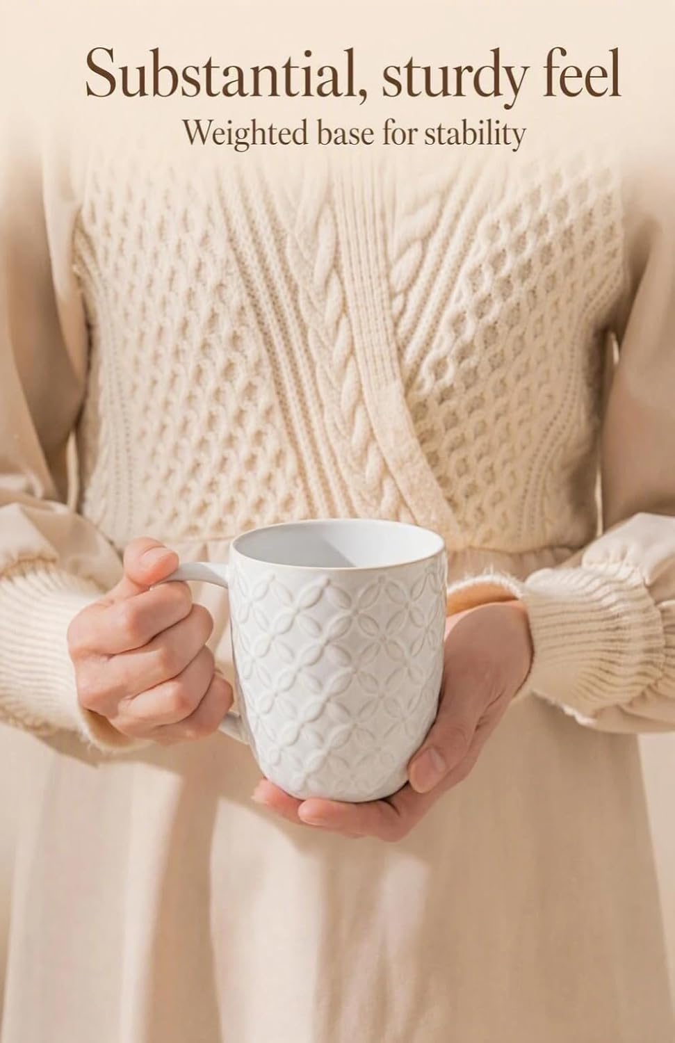 FOBENTA Ceramic Coffee Mugs Set of 4, 12oz Embossed Cups with Elegant Patterns – A Thoughtful Gift for Women, Mom, or Friends,Perfect for Tea, Latte, Cocoa (Arctic White, 12 OZ)