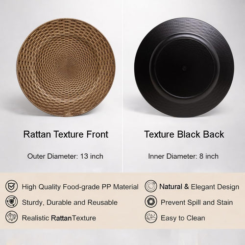 13in Charger Plates Set of 12- Faux Rattan Chargers for Dinner Plates- Brown Round Plastic Plate Charger- Farmhouse Rustic Table Charger for Wedding, Party,Halloween, Thanksgiving, Christmas