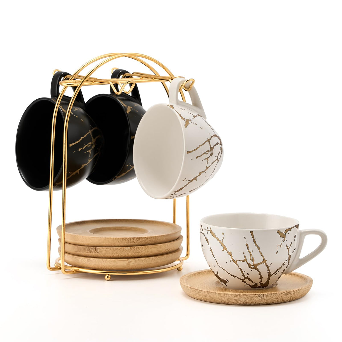 LUKA Ceramic Coffee Espresso Cups with Saucers Set with Metal Holder, 4.4 oz Porcelain Demitasse Cups For Tea, Espresso, Latte, Coffee, Cafe Mocha, Set of 6, White