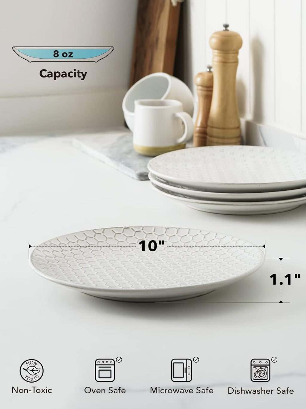 LE TAUCI Ceramic Dinner Plates Set of 4, 10 Inch Large White Plate Set for Kitchen, Microwave & Dishwasher Safe Dinnerware Sets, Scratch Resistant Serving Plates for Steak, Pasta - Embossed, White
