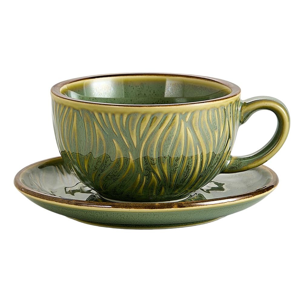 Coffeezone Vintage Design 12 oz Ceramic Latte Art Cappuccino Barista Cup with Saucer (Brown)