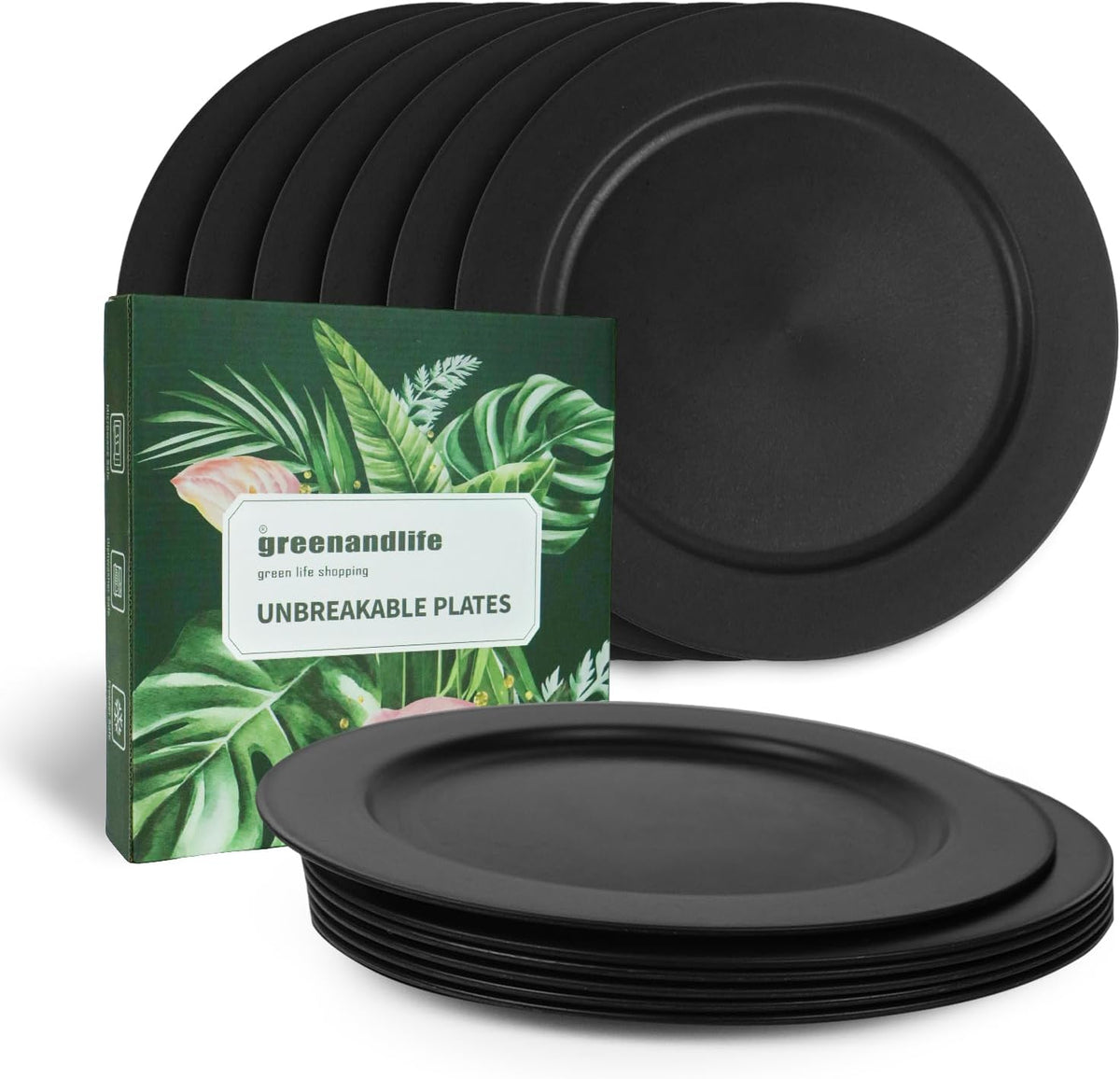 10inch/6pcs Dishwasher & Microwave Safe Wheat Straw Plates, Alternative for Plastic Plates, Lightweight Reusable Unbreakable Dinner Plates, Non-toxin, BPA Free for Kids Adults, Black