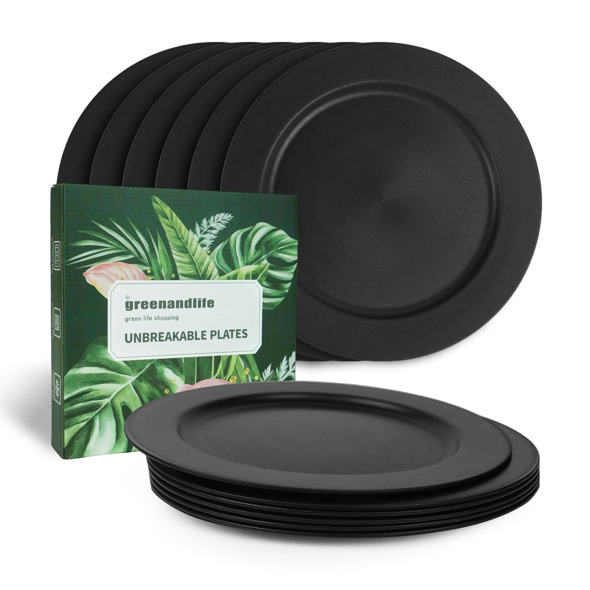 10inch/6pcs Dishwasher & Microwave Safe Wheat Straw Plates, Alternative for Plastic Plates, Lightweight Reusable Unbreakable Dinner Plates, Non-toxin, BPA Free for Kids Adults, Black