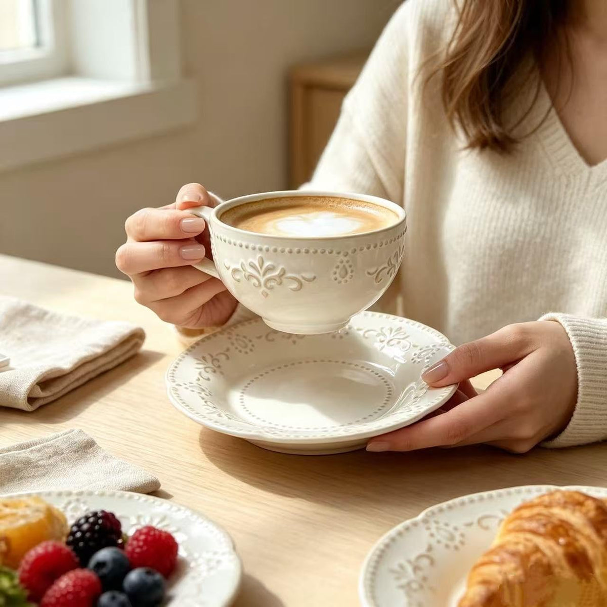 Beaded Floral Embossed 12 OZ Vintage Farmhouse Porcelain Latte Cup and Saucer, Cappuccino Mug for Espresso Turkish Coffee Tea, Microwave Dishwasher Safe Christmas Gift for Home Cafe
