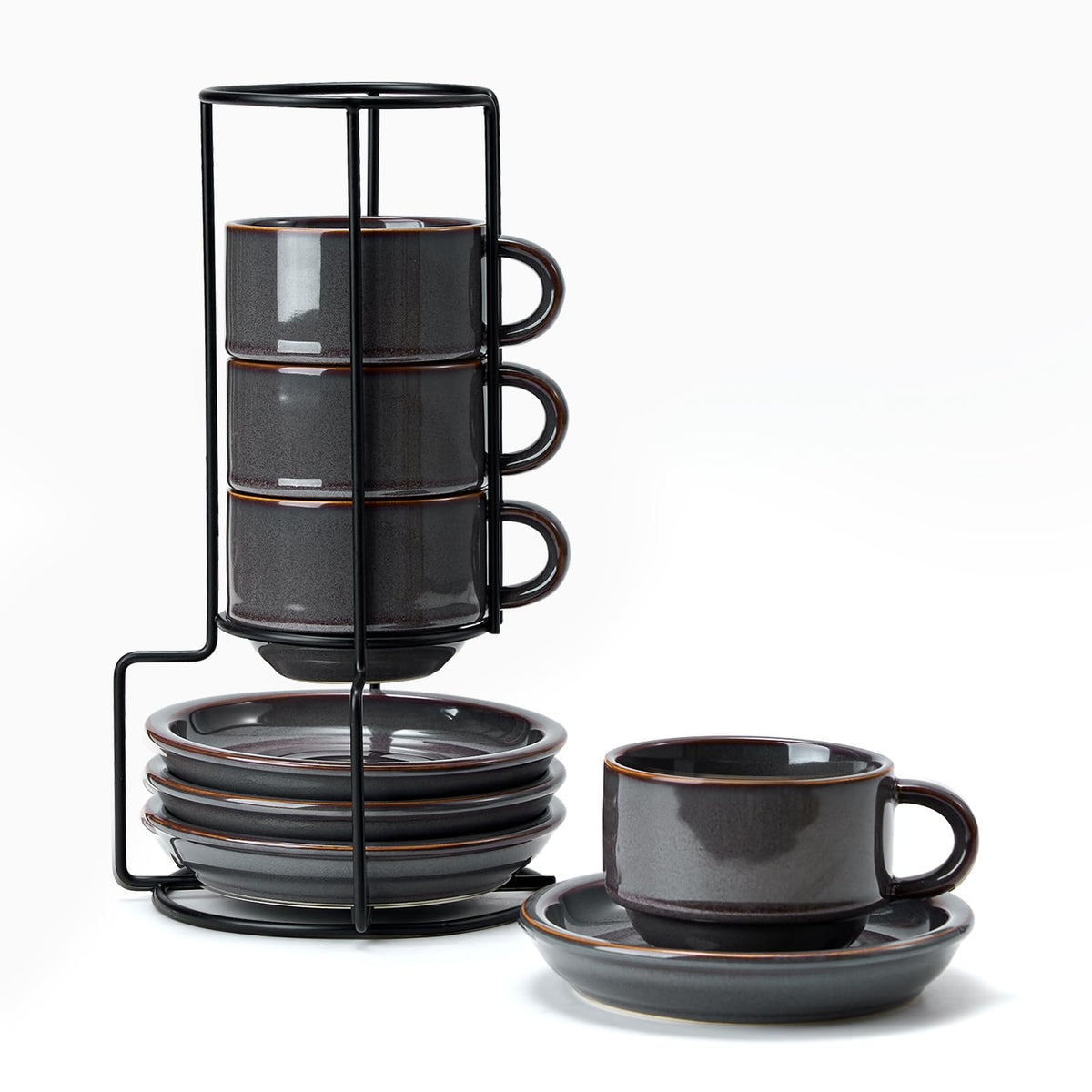 JIEMEI HOME Porcelain Stackable Espresso Cups with Saucers and Metal Stand, 4 Ounce Demitasse Cups for Specialty Coffee Drinks, Latte, Tea Set of 4, Stackable Espresso Mugs, Kiln Tide Glaze