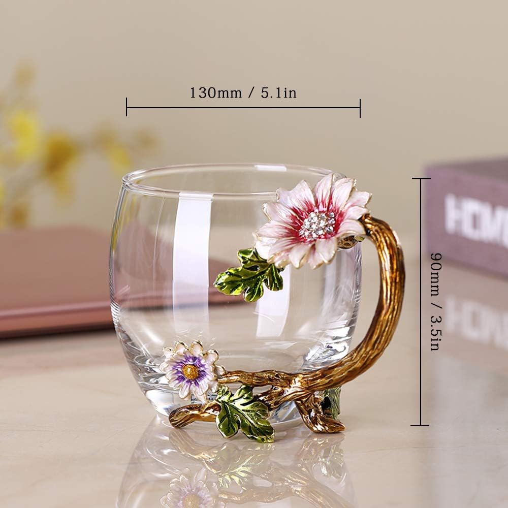 Enamel Sunflower Crystal Lead-Free Glass Tea Cup with Spoon Set, Present for The Christmas, Valentine's Day.Best Present for Mother, Grandma, Girlfriend, Sister.