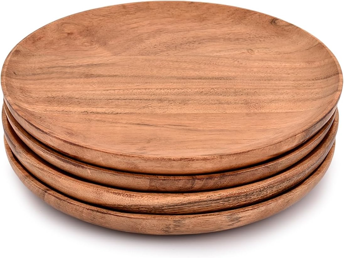 NIRMAN Acacia Wood Dinner Plates Set of 4 for Dishes Snack, Dessert Natural Wood Plates Serving Dinnerware Plate for Dinner (8" x 8" x 0.75")