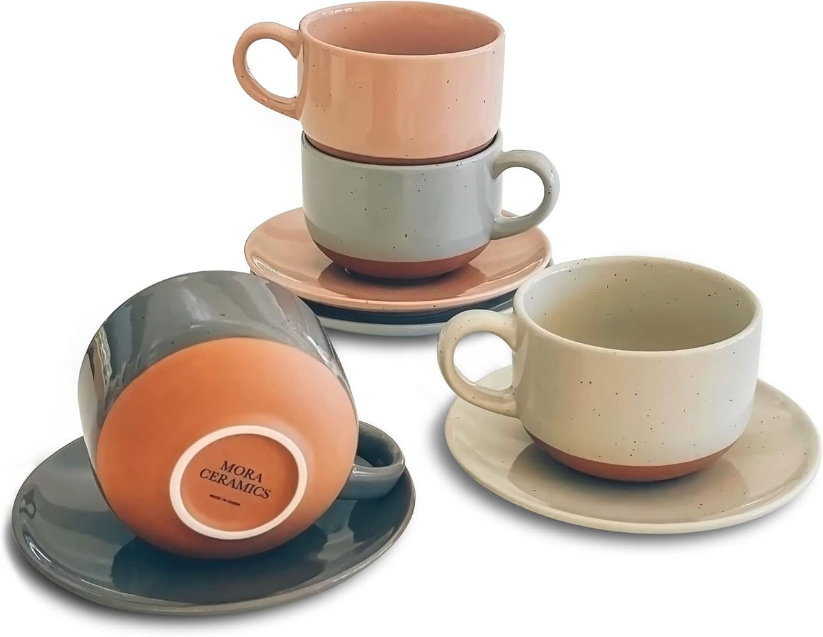 MORA Ceramics 8oz Cappuccino Mug Set of 4 - Ceramic Coffee Cups with Saucers - Microwave and Dishwasher Safe, Perfect For Tea, Espresso, Latte - Porcelain Mugs for Kitchen or Cafe - Assorted Neutrals