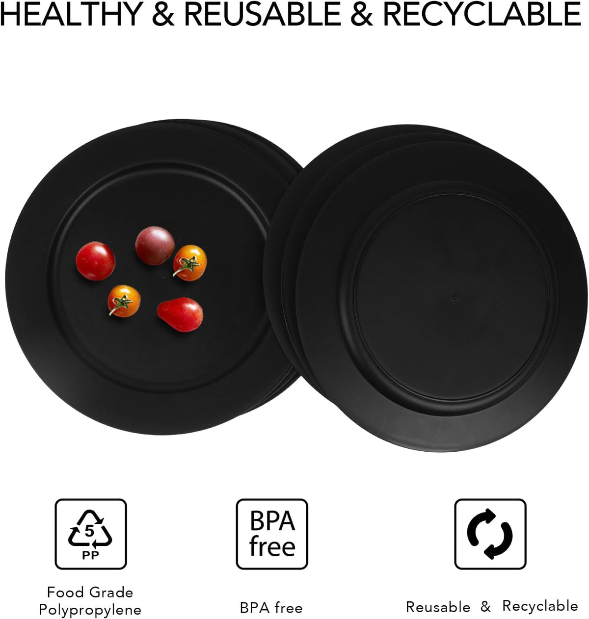 10inch/6pcs Dishwasher & Microwave Safe Wheat Straw Plates, Alternative for Plastic Plates, Lightweight Reusable Unbreakable Dinner Plates, Non-toxin, BPA Free for Kids Adults, Black