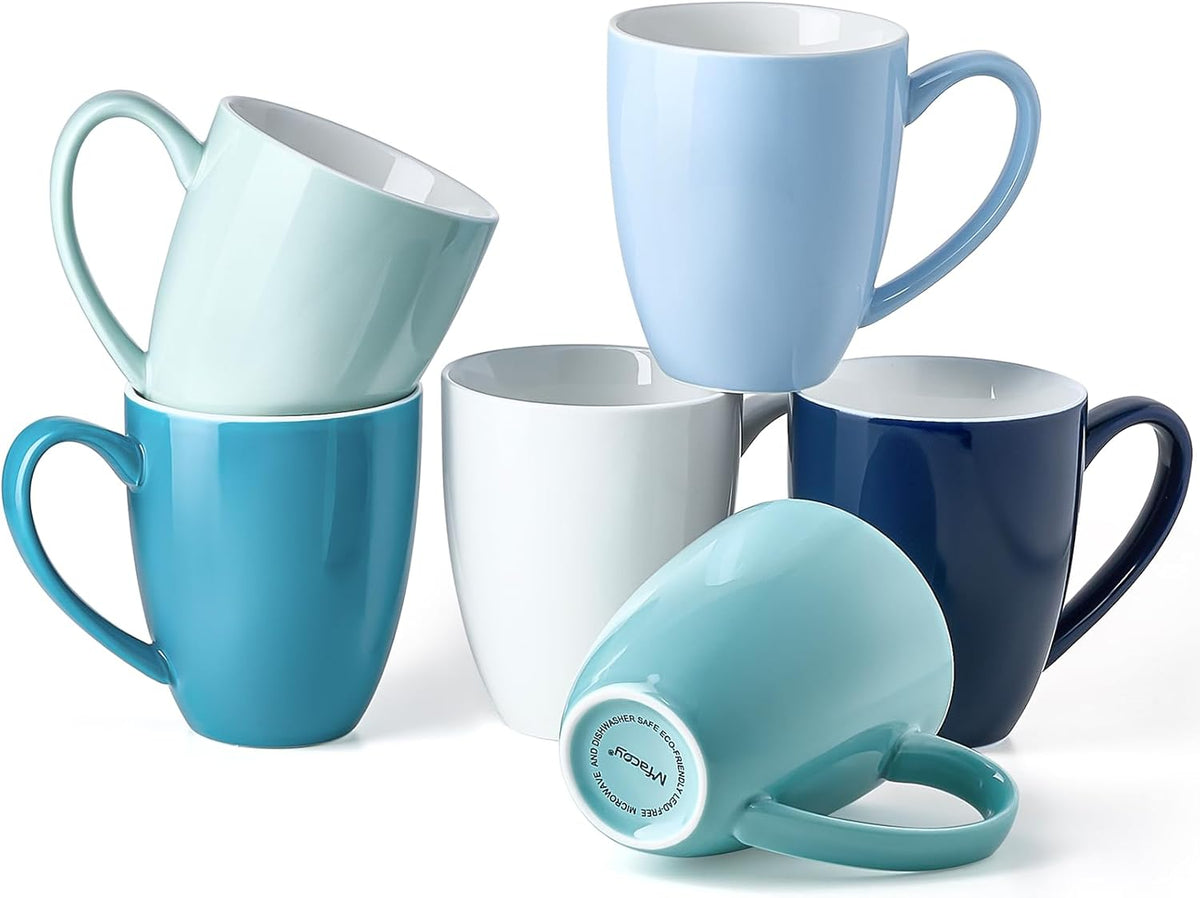 Porcelain Coffee Mugs Set of 6, 13 Ounce Coffee Cups with Handle, Ceramic Tea Mugs for Latte, Hot Tea, Cappuccino, Mocha, Cocoa, Blue Assorted Colors Mug Gift Set, Dishwasher and Microwave Safe