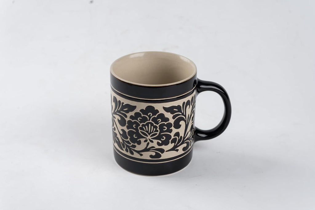 Hand-Carved Peony Band Black Glaze Straight Stoneware Mug, 17 oz