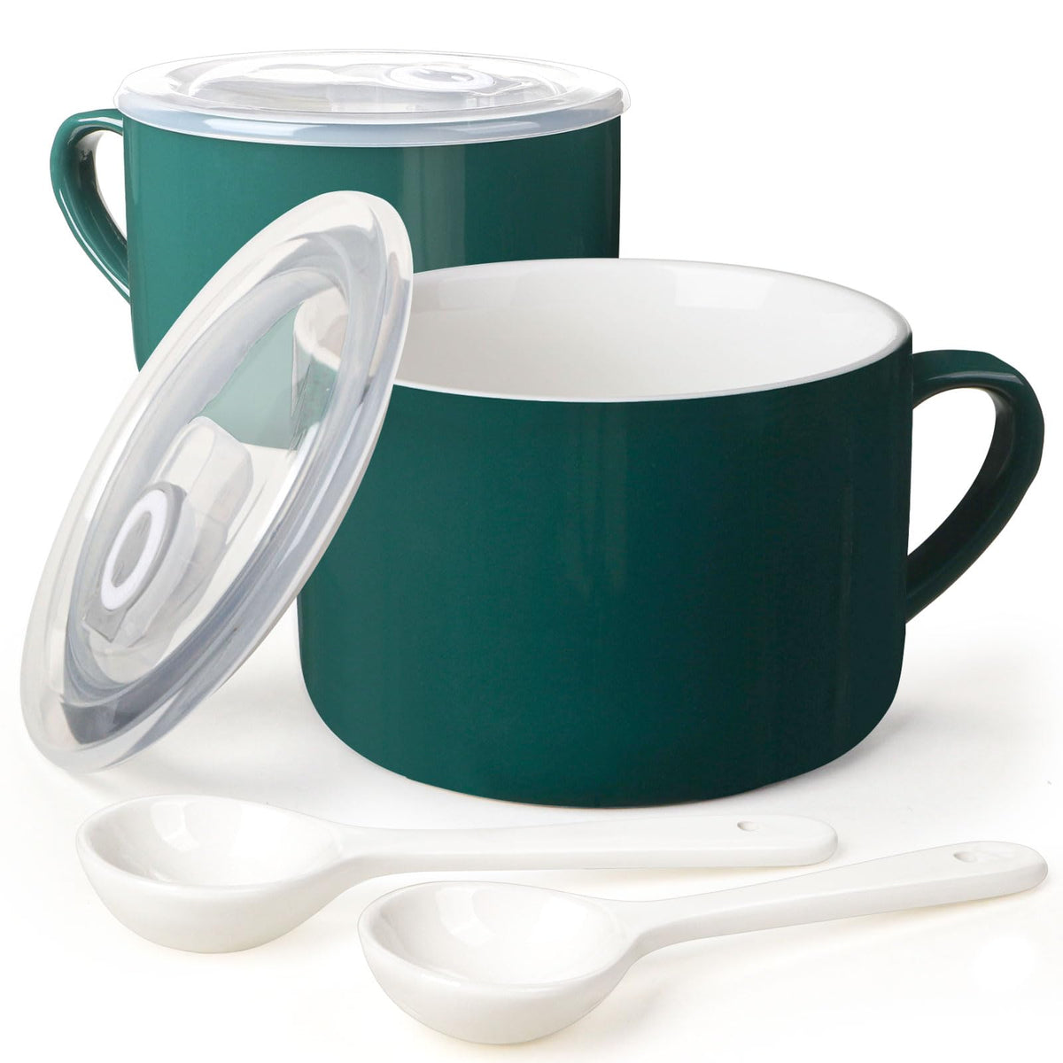Soup Bowls with Handles & Spoons, 30oz Ceramic Ramen Bowl with Lid, Large Soup Mugs/Cups for Instant Noodle, Big Cereal Bowls for Oatmeal, Soup Containers with Lids, Set of 2, Sky Blue