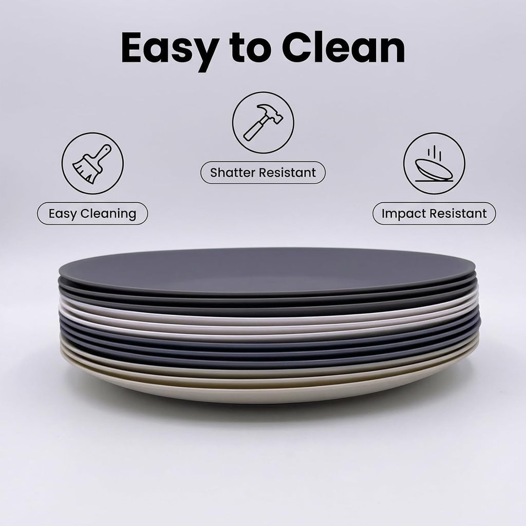 AOYITE 10 inch Plastic Plates Reusable Set 12, BPA Free Kid Plate Grey Tone