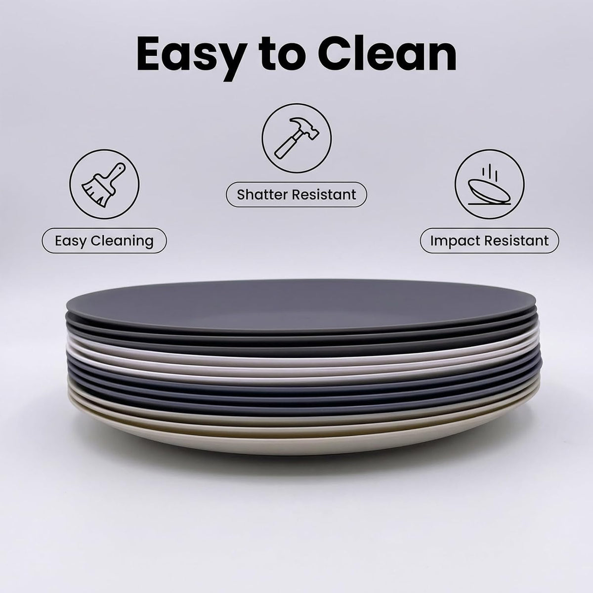 AOYITE 10 inch Plastic Plates Reusable Set 12, BPA Free Kid Plate Grey Tone
