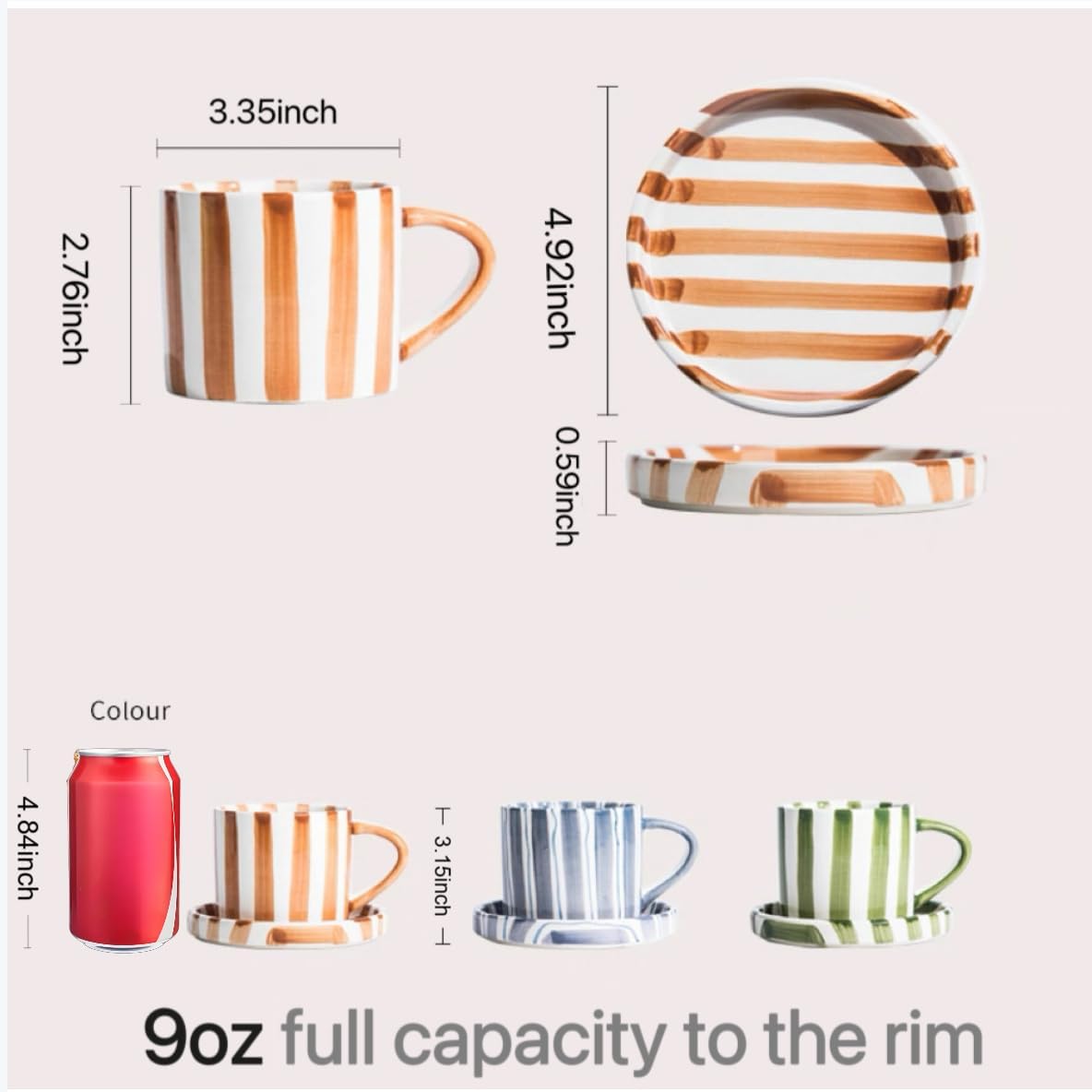 Small 8oz Stylish Handmade Striped Coffee Mug Espresso Cups With Saucer, Hand painted Esthetical Ceramic Cappuccino Mugs, Glazed Tea/Coffee Cup, Microwave safe tea cup with handle (Black)