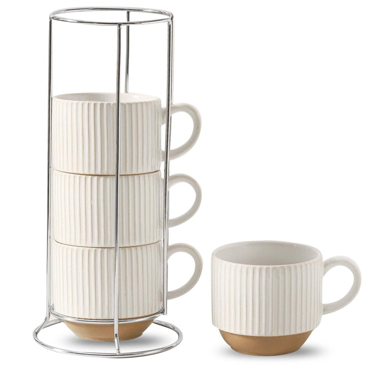 HASENSE Coffee Mug Ceramic Set of 4 with Stand, Stackable Large Latte Cups with Metal Stand, Dishwasher & Microwave Safe, Black for Cappuccino Tea Hot Cocoa