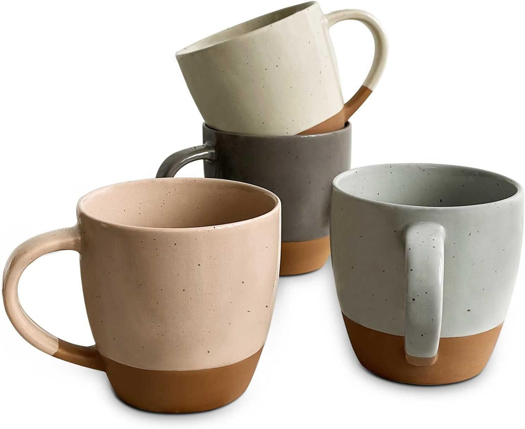 MORA Ceramic Large Latte Mug Set of 4, 16oz - Microwavable, Porcelain Coffee Cups With Big Handle - Modern, Boho, Unique Style For Any Kitchen. Microwave Safe Stoneware - Assorted Neutrals