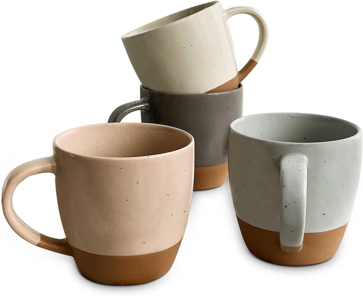 MORA Ceramic Large Latte Mug Set of 4, 16oz - Microwavable, Porcelain Coffee Cups With Big Handle - Modern, Boho, Unique Style For Any Kitchen. Microwave Safe Stoneware - Assorted Neutrals
