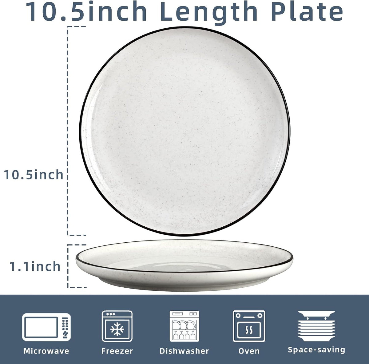 Ceramic White Dinner Plates Set of 6, 10.5 Inch Plates for Kitchen, Microwave Oven and Dishwasher Safe, Modern Dishes Set for Pasta,Steak, Dessert, Salad