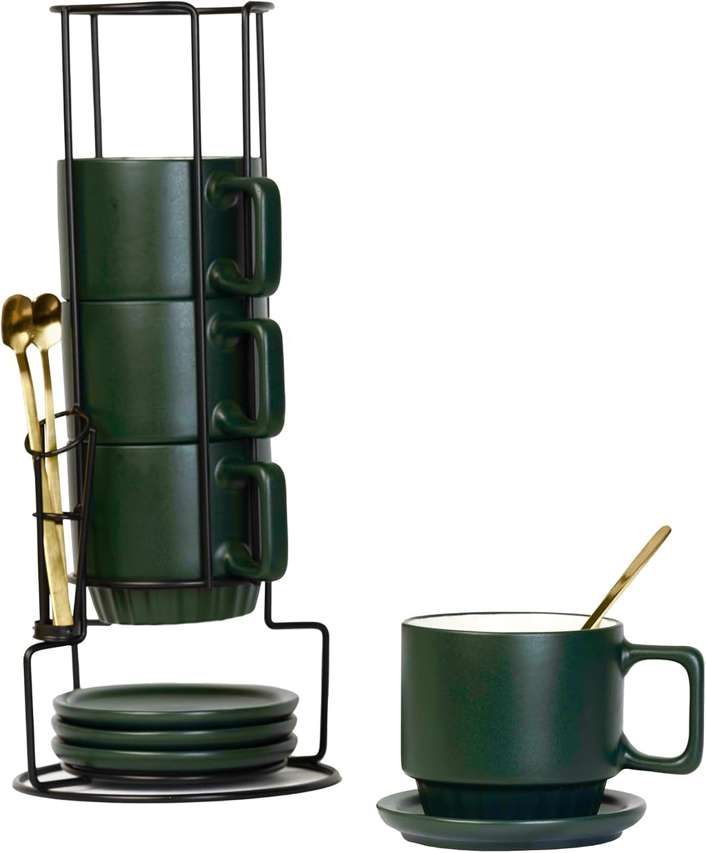 Coffee Mug Set of 4-11.5 Oz Porcelain Stackable Coffee Mugs with Saucers, Spoons & Metal Stand - Ceramic Tea Cups with Rack - Dishwasher & Microwave Safe