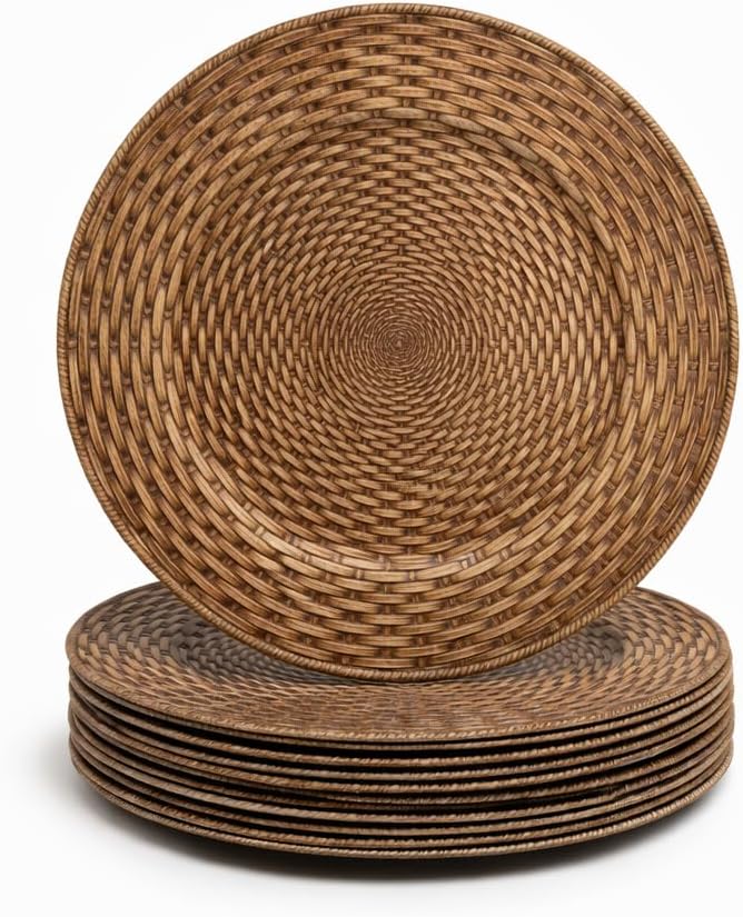 13in Charger Plates Set of 12- Faux Rattan Chargers for Dinner Plates- Brown Round Plastic Plate Charger- Farmhouse Rustic Table Charger for Wedding, Party,Halloween, Thanksgiving, Christmas