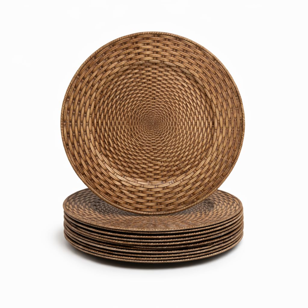 13in Charger Plates Set of 12- Faux Rattan Chargers for Dinner Plates- Brown Round Plastic Plate Charger- Farmhouse Rustic Table Charger for Wedding, Party,Halloween, Thanksgiving, Christmas