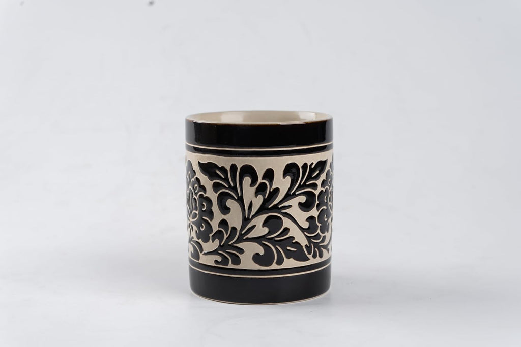 Hand-Carved Peony Band Black Glaze Straight Stoneware Mug, 17 oz