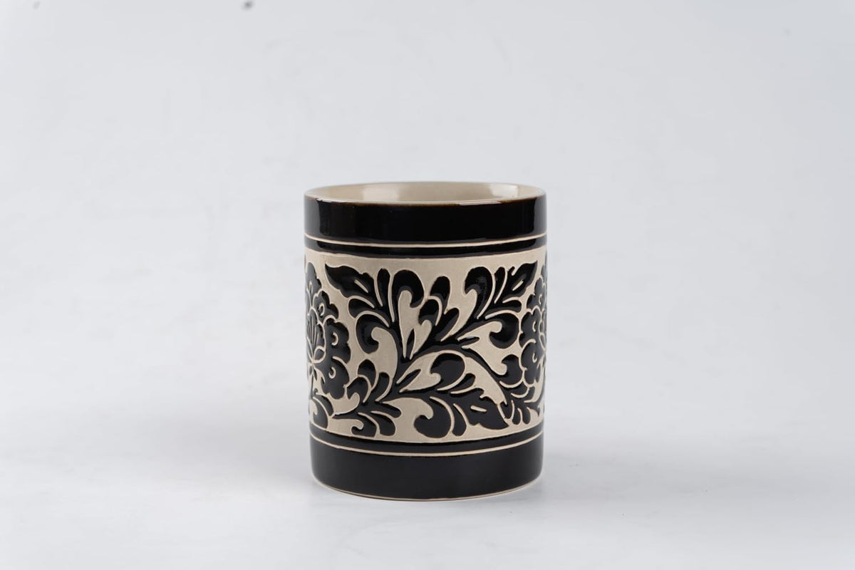 Hand-Carved Peony Band Black Glaze Straight Stoneware Mug, 17 oz