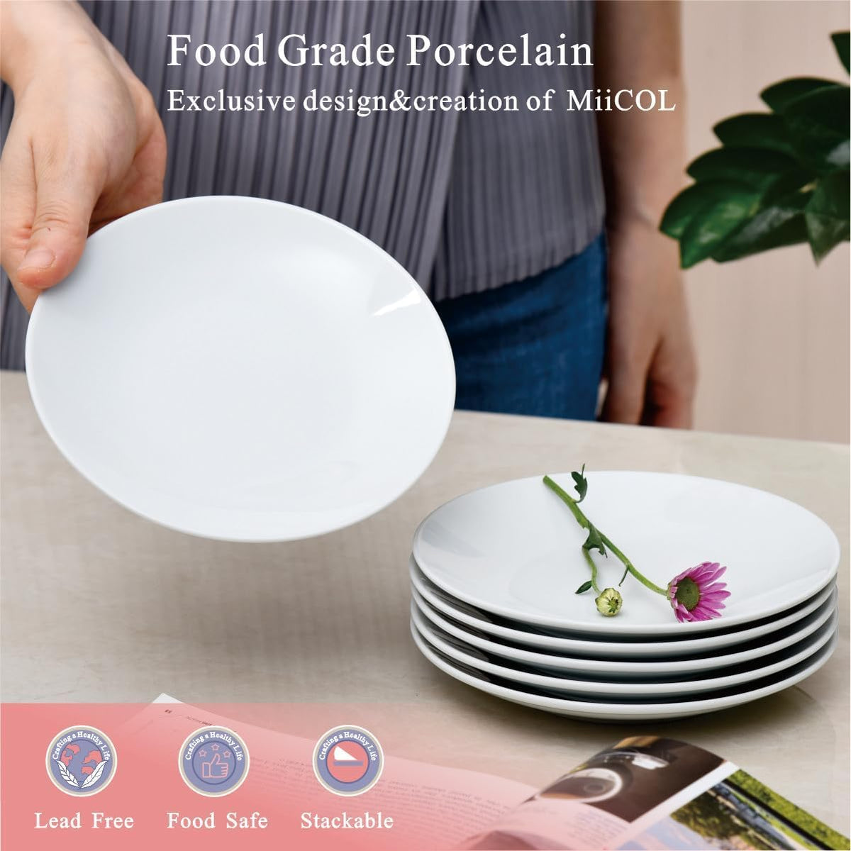Miicol Small Dessert Plates Set of 6, Ceramic White Appetizer Plates 6 Inch