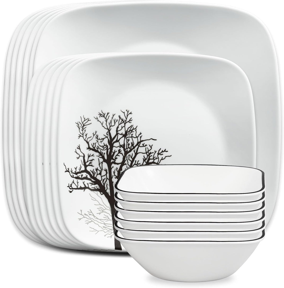Corelle Vitrelle 18-Piece Service for 6 Dinnerware Set Triple Layer Glass and Chip Resistant, Lightweight Square Plates and Bowls Set, Simple Sketch