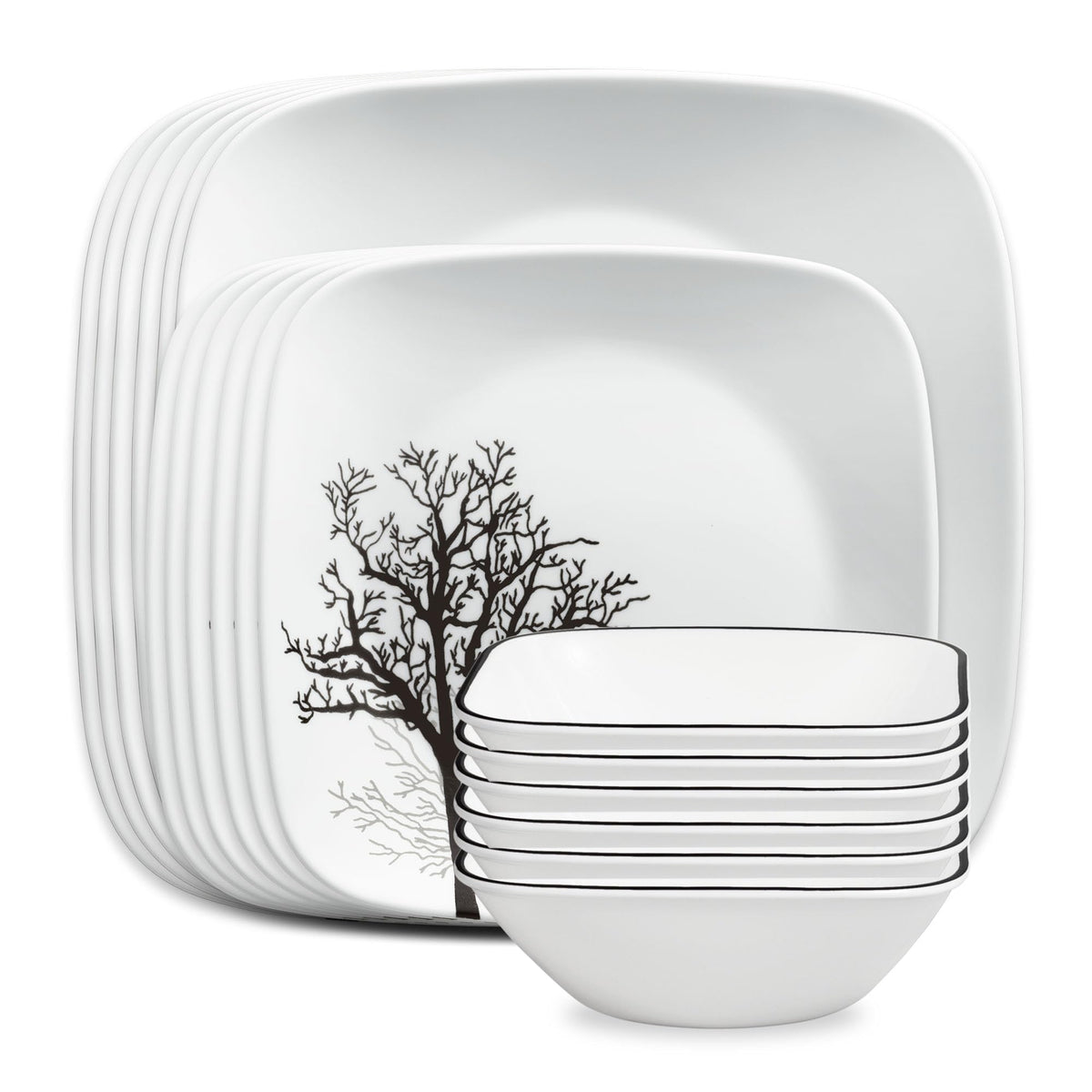 Corelle Vitrelle 18-Piece Service for 6 Dinnerware Set Triple Layer Glass and Chip Resistant, Lightweight Square Plates and Bowls Set, Simple Sketch