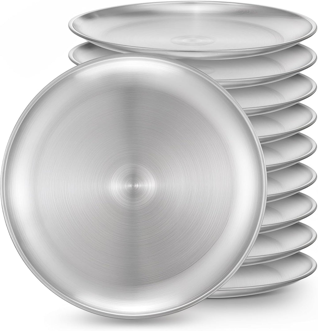 10Pcs Stainless Steel Dinner Plates, 10" Round Salad Plates, Serving Plate for Home Kichten, Outdoor Camping, Snack, Pizza and BBQ