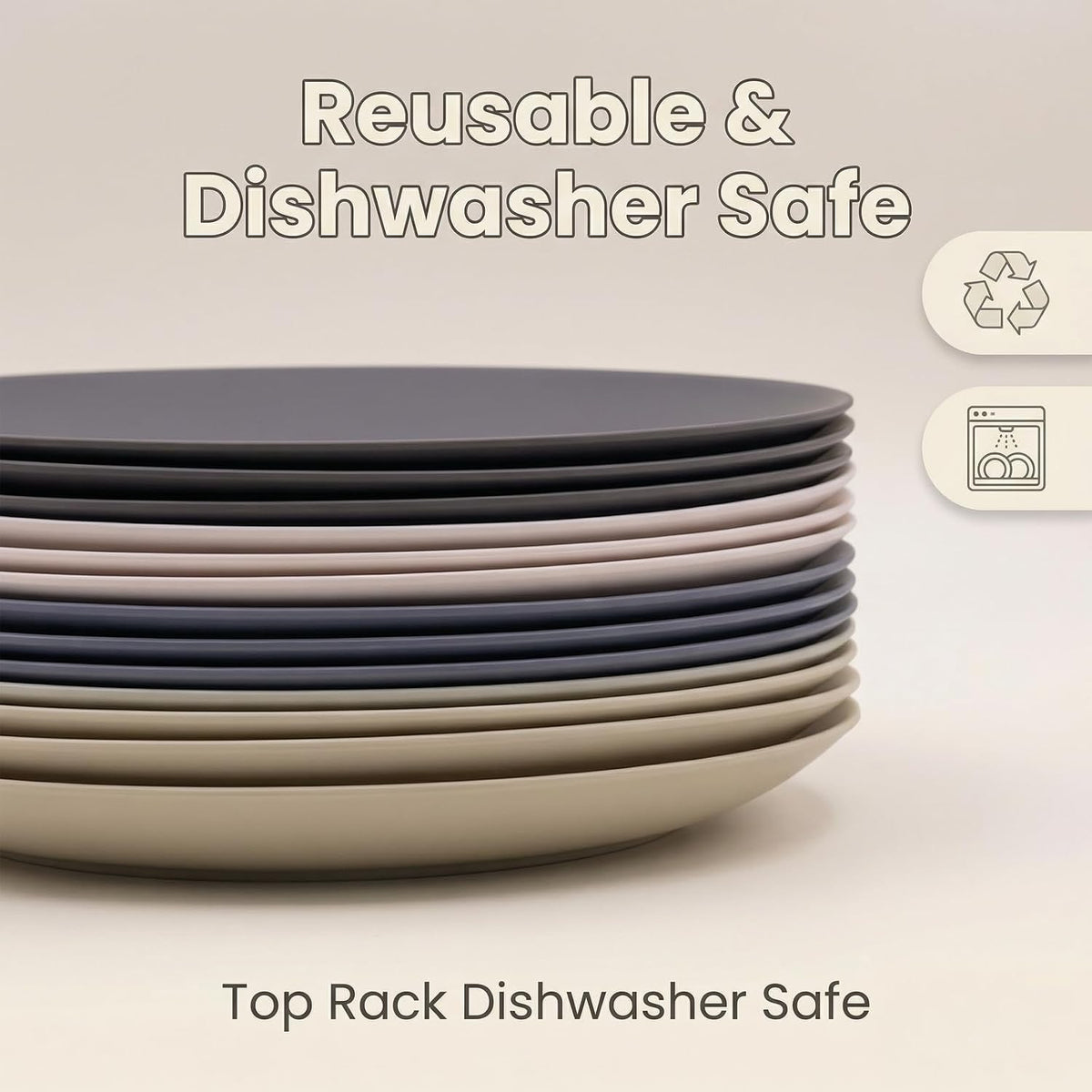 AOYITE 10 inch Plastic Plates Reusable Set 12, BPA Free Kid Plate Grey Tone