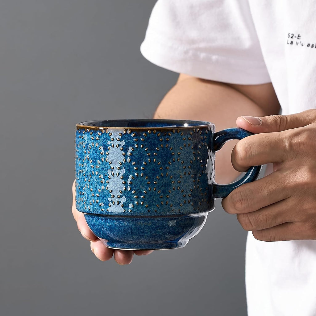 Large Ceramic Coffee Mug Set of 4 with Stand, 15 Oz Stackable Different Embossment Ribbed Latte Cup Set for Cappuccino, Tea, Hot Cocoa, Drinks - Dishwasher & Microwave Safe, Blue
