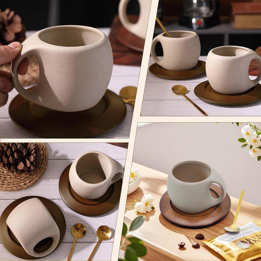 Ceramic Coffee Mug with Natural Wood Saucer & Spoon, 8.5oz Rustic Drinkware