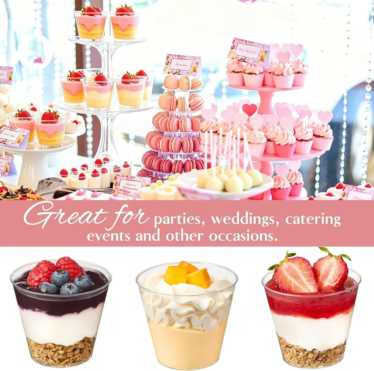 50 Pack 5 oz Plastic Dessert Cups with Spoons, Mini Mousse Cup Round Pudding Cups Party Serving Bowl for Cocktails Appetizers Fruit Parfait and Trifle