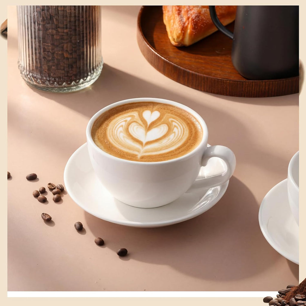 4 Set 16oz Cappuccino Cups with Saucers, Heavyweight Porcelain