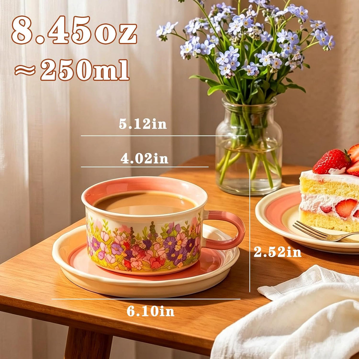 8.45oz Ceramic Tea Cup with Saucer, Pink Vintage Floral Coffee Cup Mug Set, Large Porcelain Cup for Tea Coffee Cappuccino, Gift for Women Mom