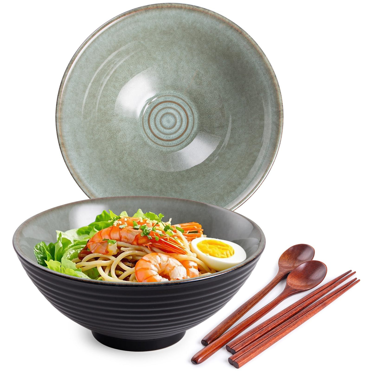 Ceramic Japanese Ramen Bowl Set, 2 Sets Asian Pho Udon Soup Noodle Bowls with Spoons and Chopsticks (Peacock Green, 8 inches)