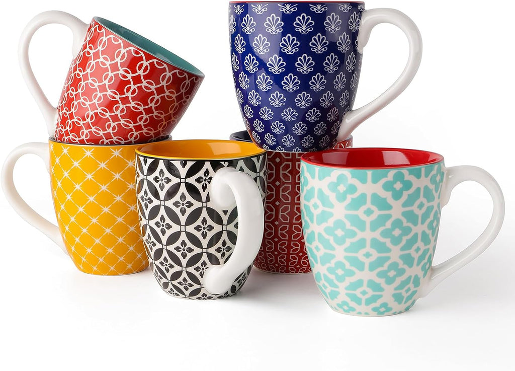 DOWAN 16 OZ Boho-Mosaic Coffee Mugs Set of 6, Large Ceramic Coffee Mugs with Handle, Bohemian Home Decor Gift Set for Housewarming, Wedding & Birthday