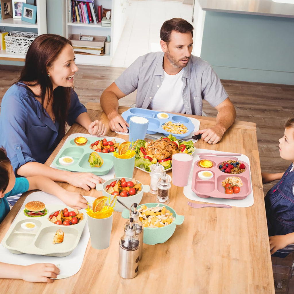 24 PCS Wheat Straw Dinnerware Set for Kids Toddler Plate Bowl Cup Sets Unbreakable BPA-Free Tableware Set with Divided Plate Microwave Dishwasher Safe Perfect for Home School Picnics
