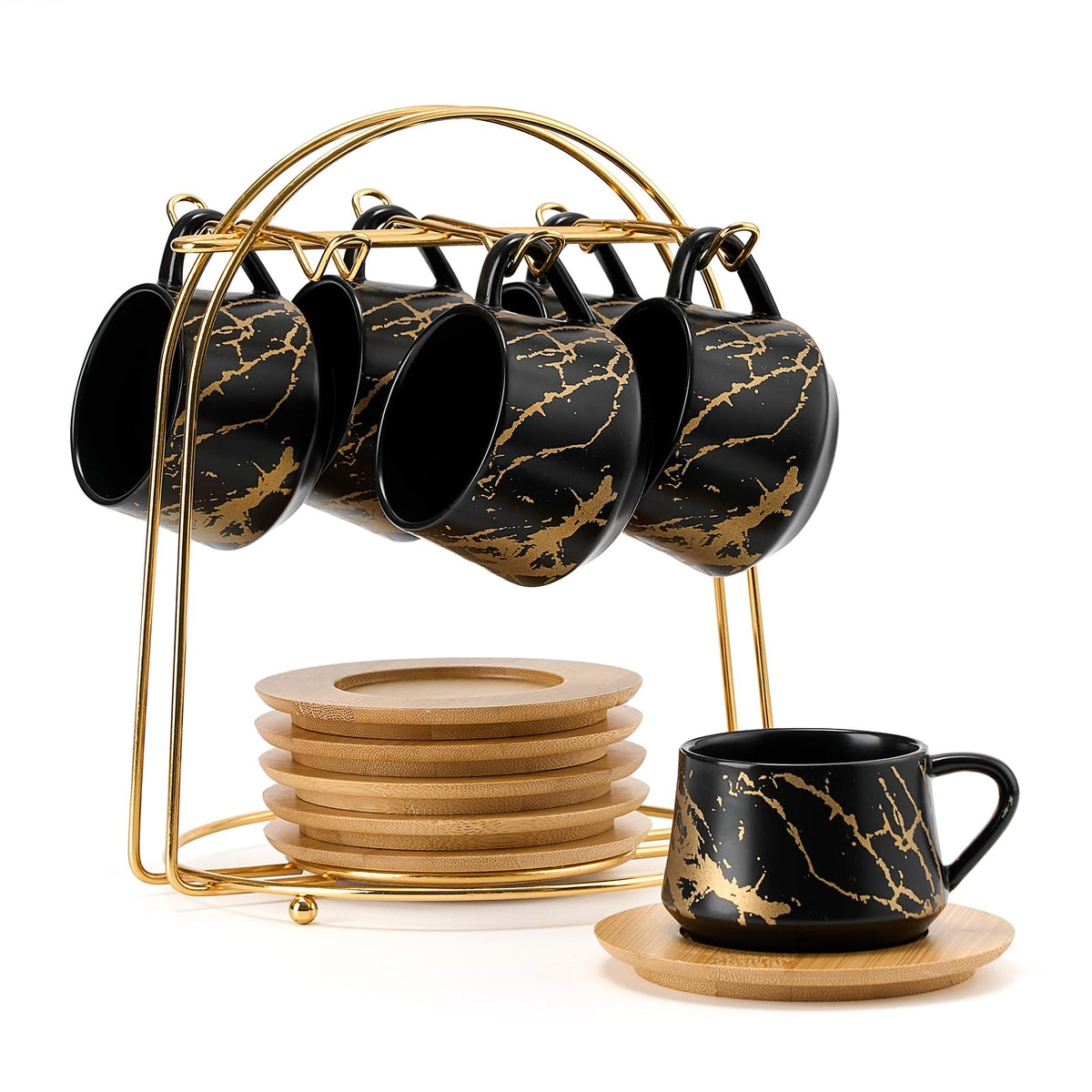 LUKA Ceramic Coffee Espresso Cups with Saucers Set with Metal Holder, 4.4 oz Porcelain Demitasse Cups For Tea, Espresso, Latte, Coffee, Cafe Mocha, Set of 6, White